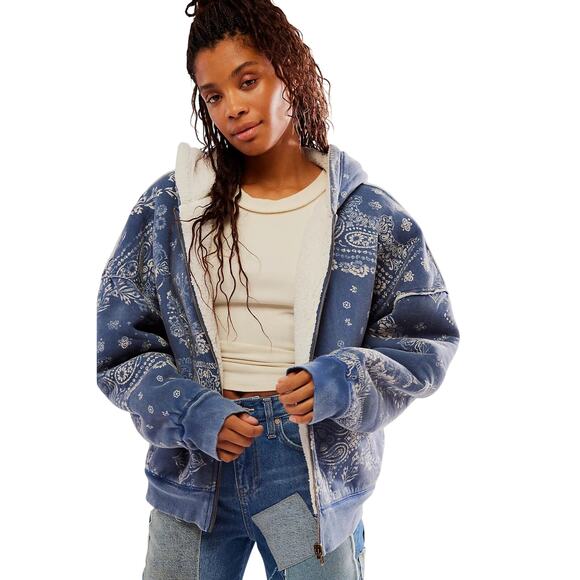 Free People Tops - Free People Billie Jacket XS Blue Paisley Sherpa Lined Zip Hoodie Crop Oversized